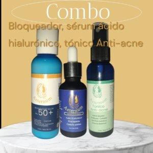 combo serum acido hialuronico, bloqueador fps +50 y tonico antiacne